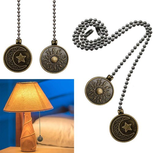 Dotlite Copper Ceiling Fan Pull Chain Set, Decorative Totem Fan Pull Chain Pendant Extension, 12 Inches Lighting & Fan Beaded Ball Chain Extender Ornament with Connector, Moon and Sun (2Pack)