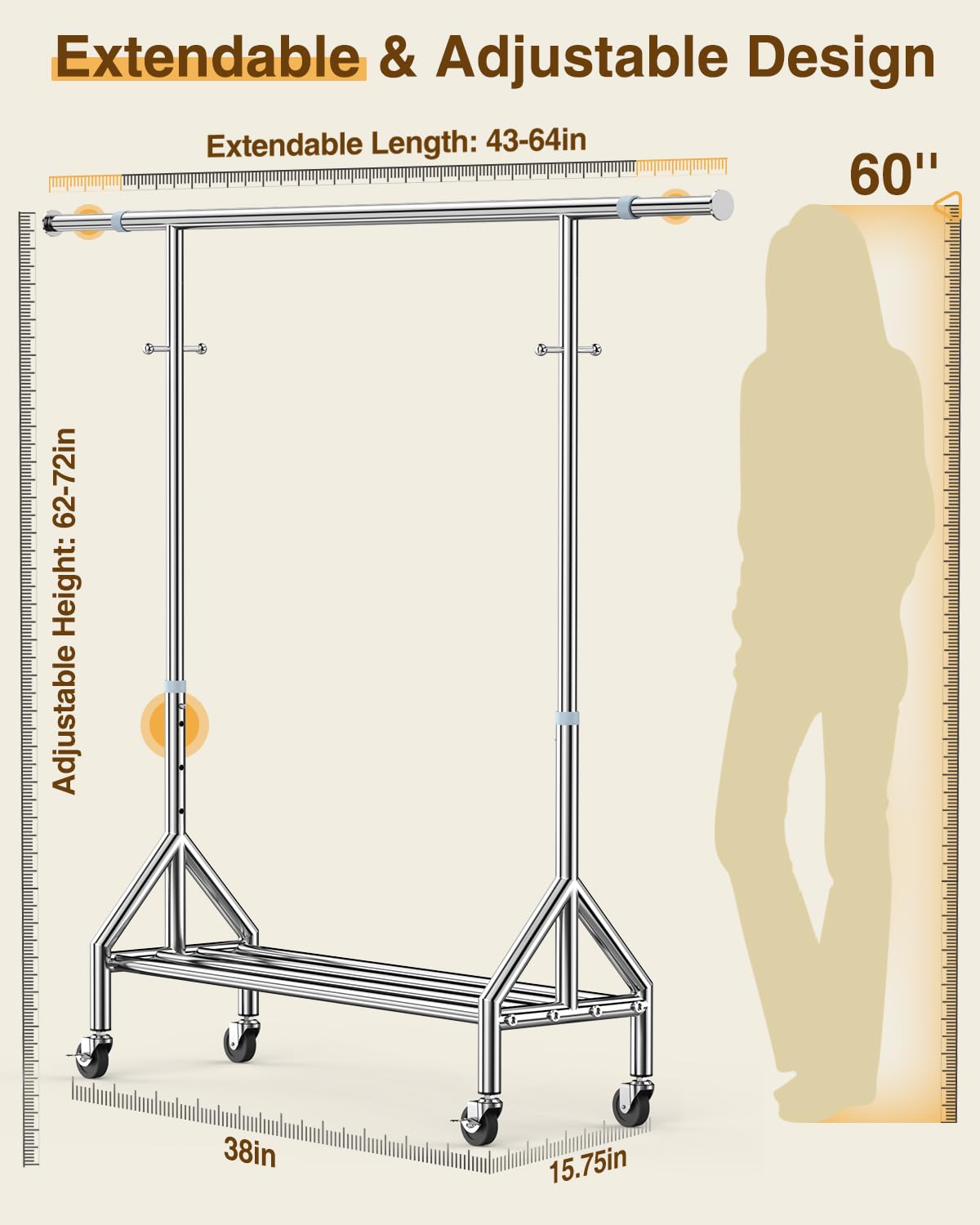 Upgraded 100% Stainless Steel Clothing Rack Load 760LBS, Heavy Duty Clothes Racks with Larger & Sturdy Wheel, Extendable & Adjustable Rolling Garment with Shelves for Hanging Portable Closet Rack
