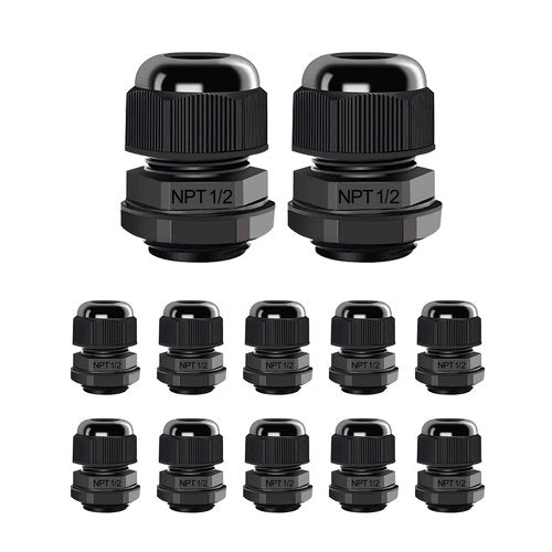 AIRIC 12 Pcs 1/2" NPT Cable Glands Nylon PA66, IP68 Waterproof Adjustable Power Strain Relief Cord Grips, Junction Box Wire Gland Grip Connectors with Gaskets and Locknut, Black