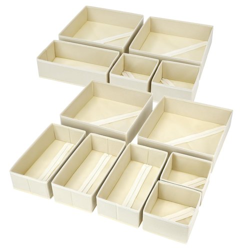 DIMJ Drawer Organizer Clothes, 12 Pack Dresser Organizer, Foldable Closet Organizers and Storage, Fabric Dresser Bins, Drawer Dividers for Nursery, Baby Clothes, Underwears, Sock (Beige)