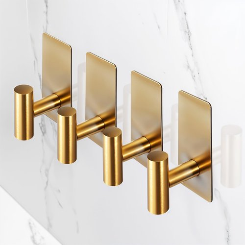 YUXIANLB 2 Pack Heavy Duty Stainless Steel Wall Hooks Brushed Gold Waterproof Adhesive Hooks for Bathroom Kitchen Bedroom Garage Boat Outdoor Use Strong Sticky Hook for Towels Coats Hats