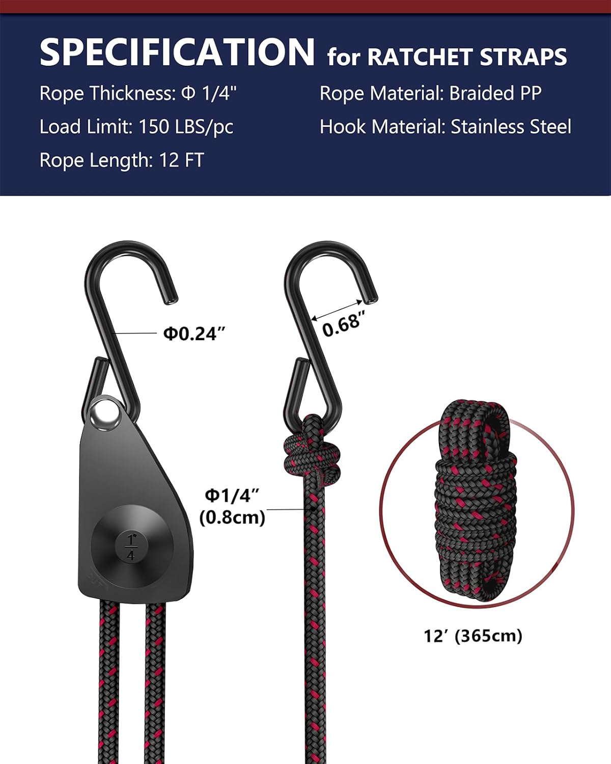 VIPARSPECTRA Retractable Heavy Duty Ratchet Tie Down Straps [4 Pack, 8ft, 75lbs/Pack], Rope Pulley System Rollers with Carabiner Hook for Kayak/Hanging Plants/Grow Light/Tents Various Tie-Down Uses