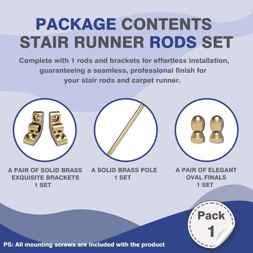 Solid Brass Stair Rods for Carpet Runners Set of 1, Gold Stair Runner Rods for Fixed Stair Carpet, 28 inch Oval Finial Carpet Runner Rods