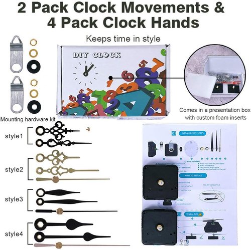 EMOON 2-Pack Silent Clock Movement Kit with 4 Pairs of Short Hands，DIY Repair & Replacement Motor, Total Shaft Length 7/8 in