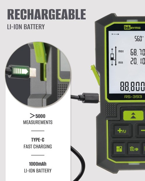 Inkerma Dual Laser Measurement Tool, 393Ft/120M Bilateral Laser Distance Meter, Rechargeable Laser Measure with Ft/in/M Multiple Units, Angle Sensor, Pythagorean Mode, Area and Volume