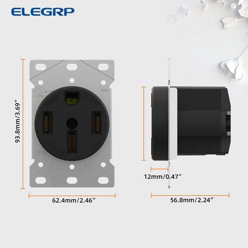 ELEGRP 50 Amps 125/250V Range Oven Stove Receptacle, Flush Mounting Power Outlet, NEMA 14-50R, Straight Blade Heavy Duty Range Receptacle, Grounding, 3 Pole 4 Wire, UL Listed, 1 Pack
