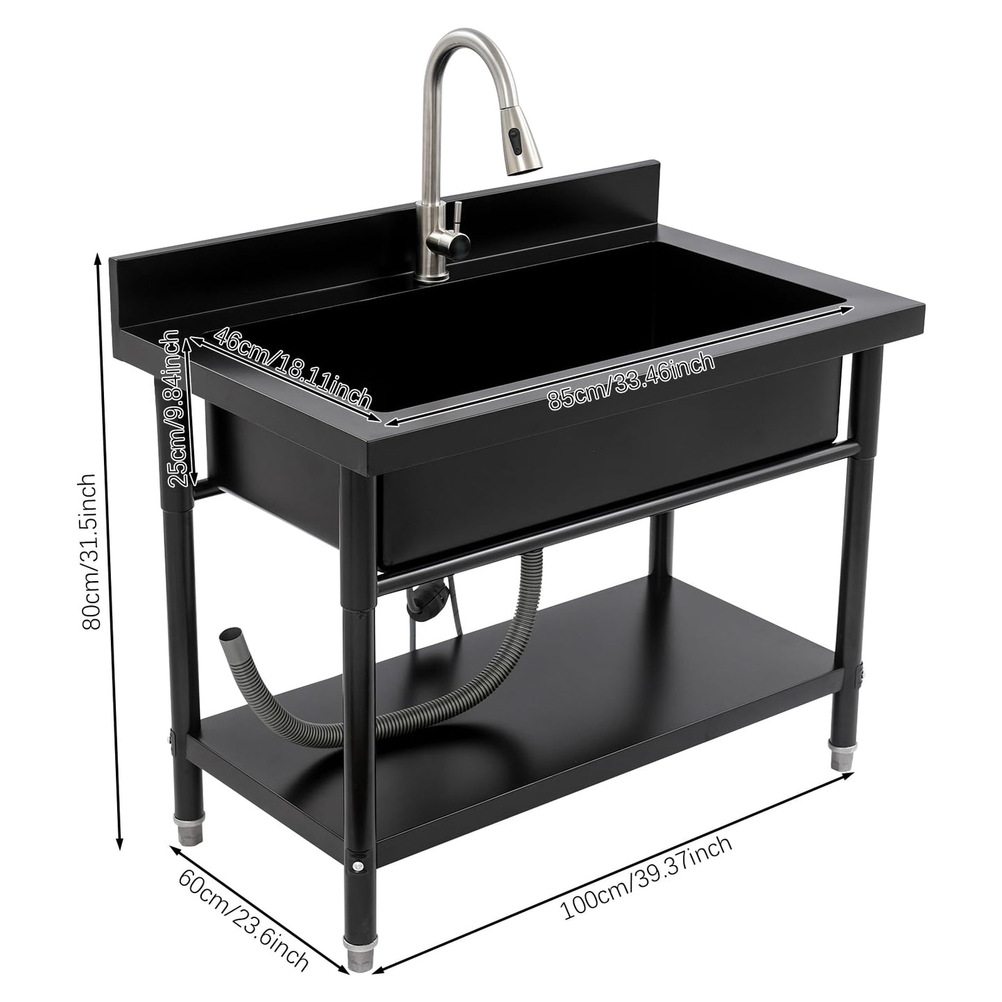 Stainless Steel Utility Sink, Freestanding Commercial Kitchen Sink with Pull-Out Faucet, Large Capacity Laundry Sink, Single Bowl Garage Sinks for Garage Basement Outdoor Indoor Use (Black)