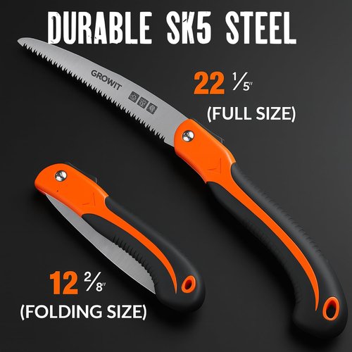 GROWIT Folding saw 11 Inch - Heavy Duty Pruning Saw with Triple-Cut SK5 Blade, 7 TPI Razor Teeth for Tree Trimming, Wood Cutting, Camping, Bushcraft, and Gardening