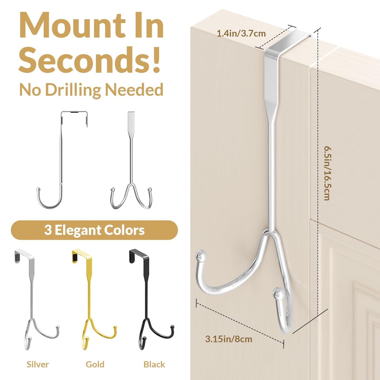 2 Pack Over The Door Hooks, Over The Door Hanger Heavy Duty Metal Double Hook, Over The Door Towel Rack for Bathroom, Door Hanger Hook & Door Coat Hanger for Coats, Robes, Towels, Bags (Silver)