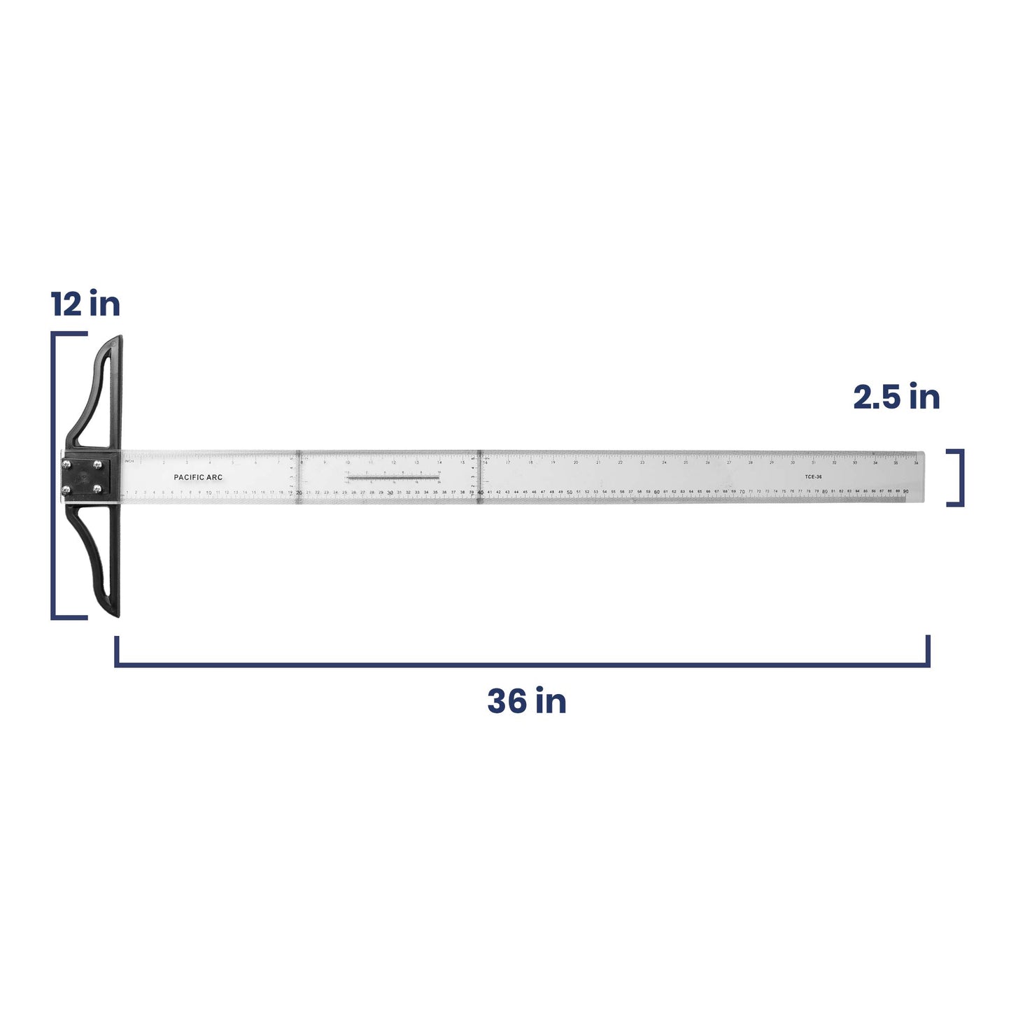 Pacific Arc 36 Inch T Square, Traditional Acrylic Graduated in Inch and Metric, Detachable Head
