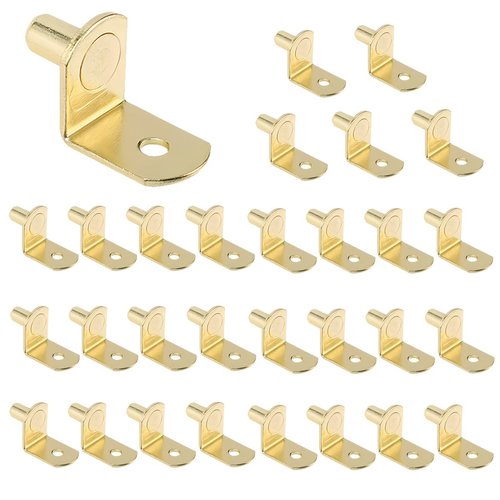 30PCS 1/5 Inch 5 mm Shelf Pegs Polished Brass Shelf Support Pins L-Shaped Metal Shelf Pin Bracket-Style Shelf Peg with Anti-Tip for Furniture Bookcase Cabinet