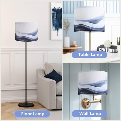 Haultop Lamp Shades set of 2 with Waves and Oceans, 13x13x10in Fabric Lamp Shades for Table Lamps, Blue lamp shades, Support Spider and E26 Base, Drum Lamp Shades