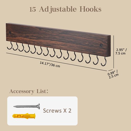 Lolalet Wooden Necklace Holder for Wall with 15 Hooks, Necklaces Hanger Easy Install Wall Mount Necklace Organizer, Jewelry Hangers for Chains, Bracelets, Earrings -Brown