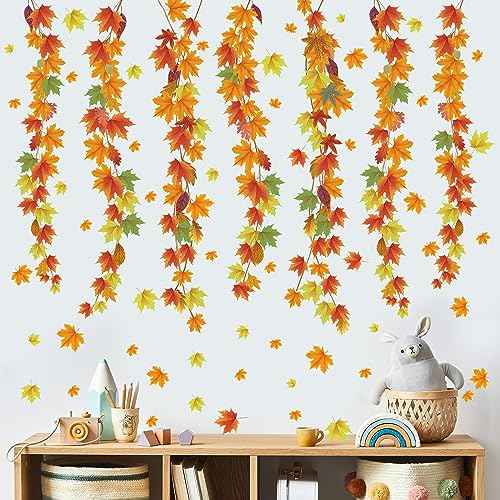 3 Sheets Maple Leaves Vine Wall Sticker Fall Leaf Wall Decal Removable Peel and Stick Autumn Wall Art Decor for Sofa Background Baby Bedroom Nursery Room Decorations