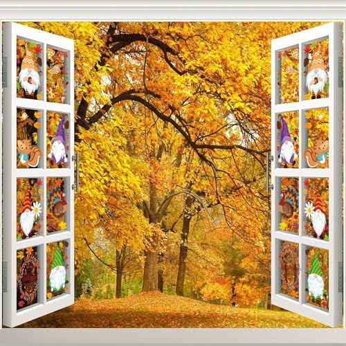 Pack of 159 Window Stickers Autumn, Maple Leaf Autumn Decoration Windows Self-Adhesive Stickers, Small Animals Pumpkin Turkey Window Fall Windows Stickers for Indoor Outdoor Glass Thanksgiving Autumn