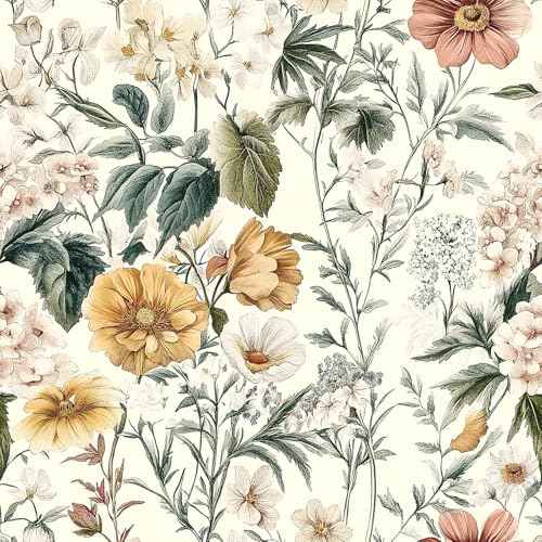 Livebor Vintage Floral Peel and Stick Wallpaper Floral Contact Paper 16.9"x393.7" Boho Neutral Wallpaper Peel and Stick Self Adhesive Wall Paper for Cabinets Bathroom Covering Wall Decorative Vinyl