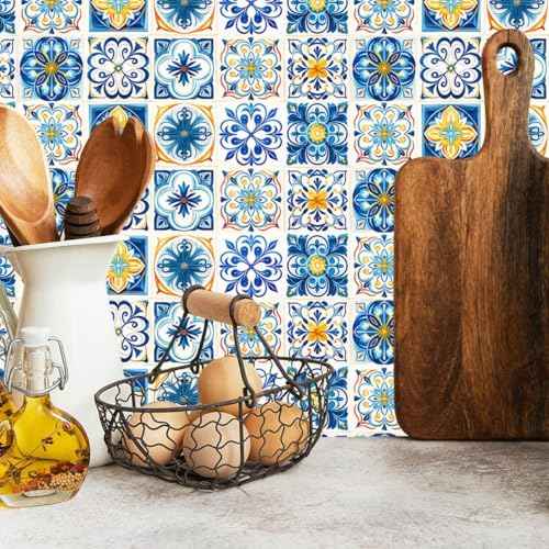 Floral Self-Adhesive DIY Stickers Peel and Stick Backsplash Waterproof Wall Art Decals Home Decor in Boho Talavera Moroccan Design, 4x4 Inch
