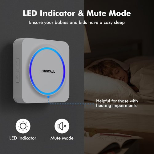 SINGCALL Wireless Rechargeable Portable LED Receiver 32 Chimes & 0-100dB Volume Memory Function Easy Install for Home/Garage/Apartment/Care Home/Hospital 1 Receiver