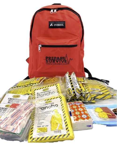 PrepareSurvive City Earthquake Kit is Designed as a City Home or Apartment gobag. 72 Hour Emergency Kit, 2-Person, 3-Day Backpack. Includes Food, Water, First Aid, Blankets and Ponchos.