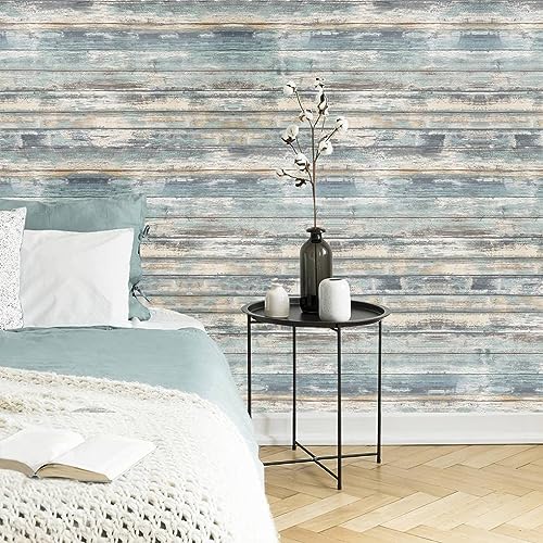 Blue Rustic Wood Wallpaper Peel and Stick 17x120 Inches - Removable Vinyl Wall Covering for Furniture & Walls