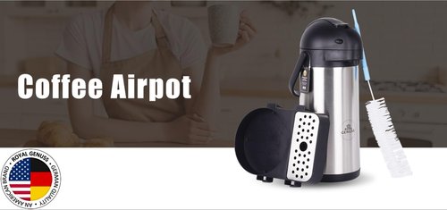Airpot Coffee Dispenser 102 oz (3L) with Pump, Drip Tray and Cleaning Brush - Stainless Steel Insulated Carafe - 24 Hour Heat Retention - 36 Hour Cold Retention - 2 Gifts are included