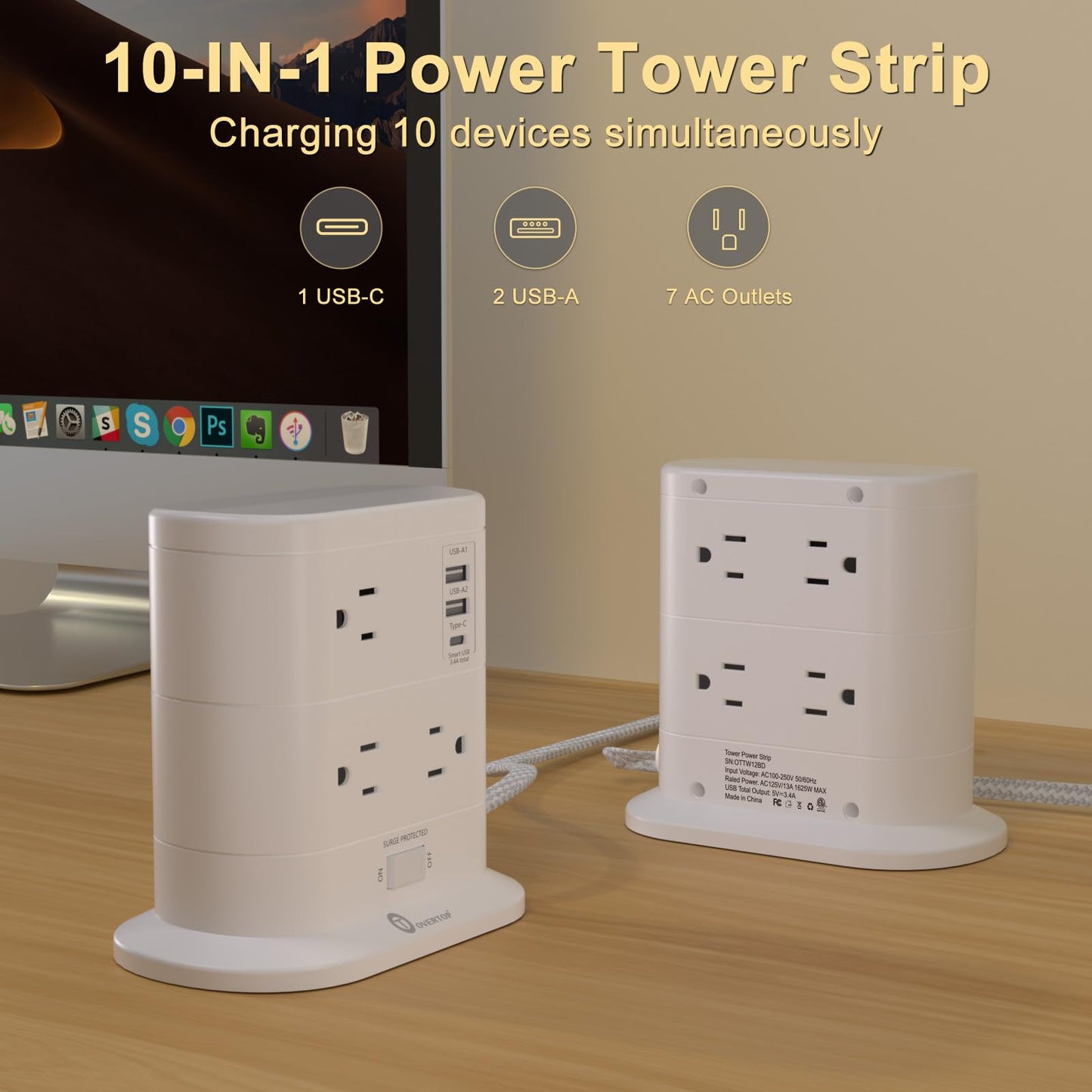 Tower Power Strip with Surge Protection, Flat Plug Power Strip with 7 AC Outlets 3 USB Ports, Tower 1625W/13A 1600J, 6Ft Extension Cord with Multiple Outlets, Office Supplies, Dorm