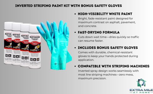 4 Pack Striping Paint Kit – White Inverted Spray with Safety Gloves – Fast-Drying Parking Lot Paint for Asphalt, Curbs, Pavement, Concrete – Works with Striping Machines