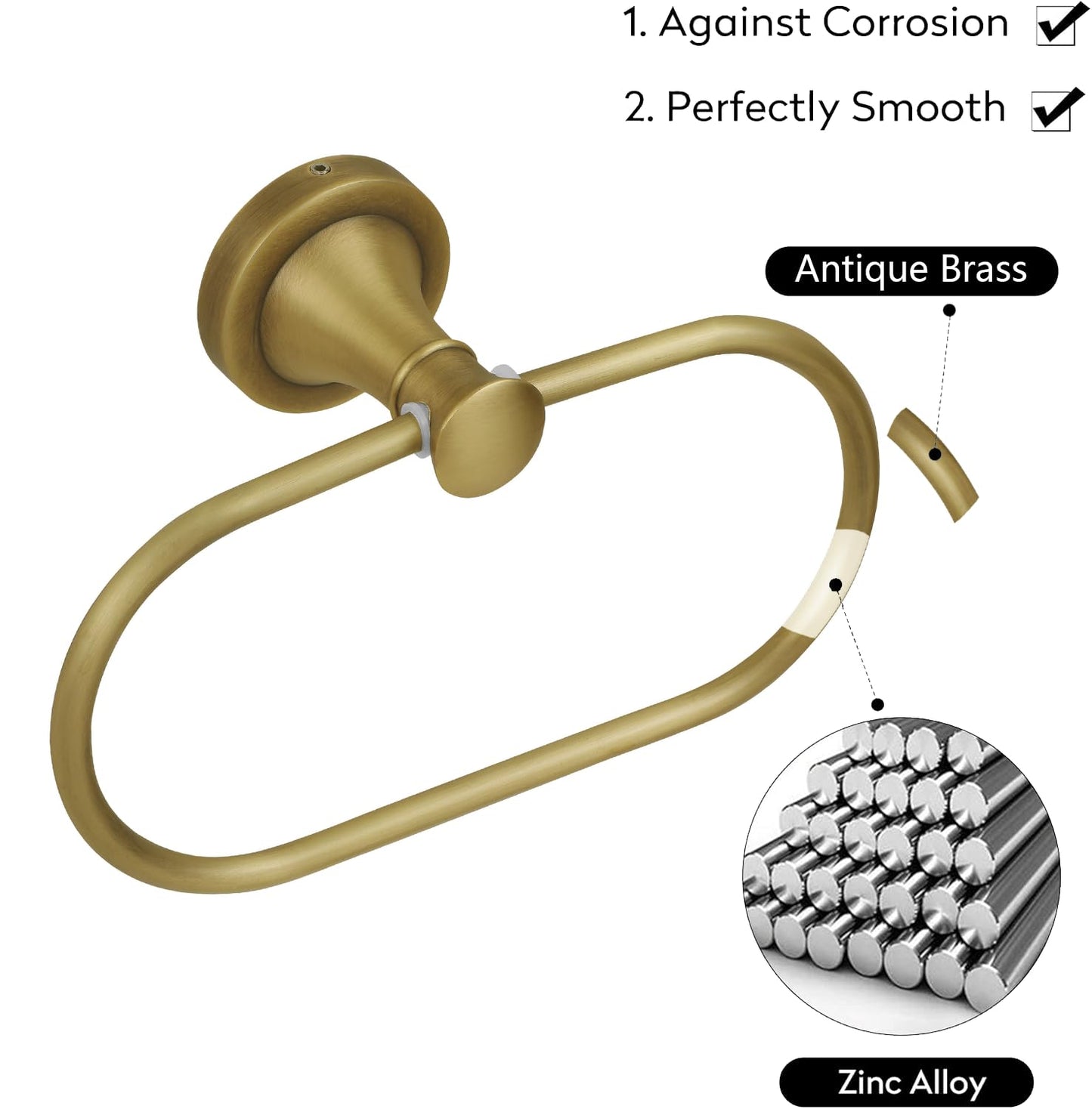 BRASEEY Brass Bathroom Hand Towel Holder, Antique Brass Towel Ring Holder, Wall Mounted Oval Towel Rack Hanger Home Half Round Bathroom Hardware Accessory Modern