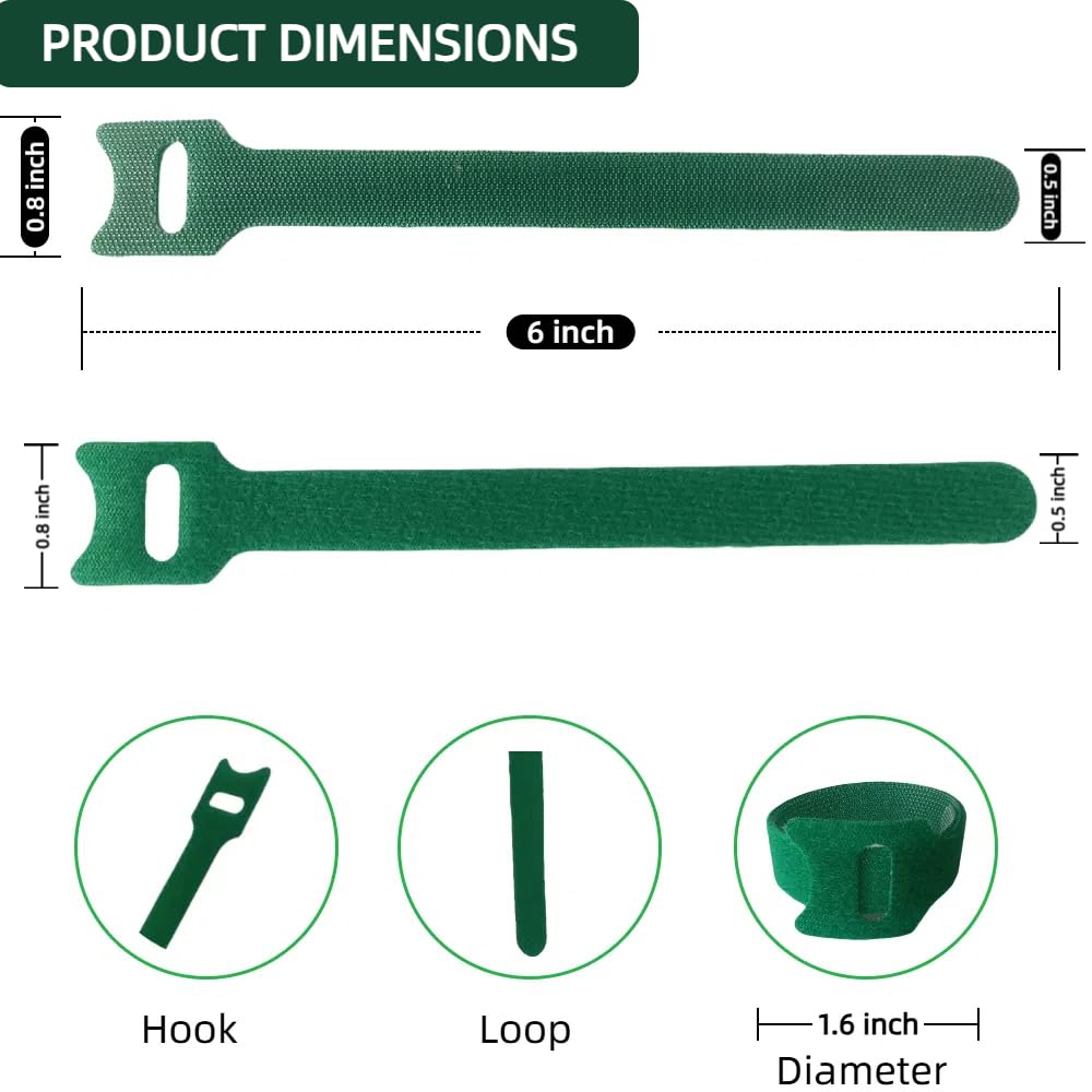 CHZKVOY, Green, Reusable, 100PCS, 6 - Inch Adjustable Anti - Slip Nylon Plant Ties & Straps Featuring Hook and Loop Fasteners - Optimal for Climbing Plants Support and Christmas Garland Ties