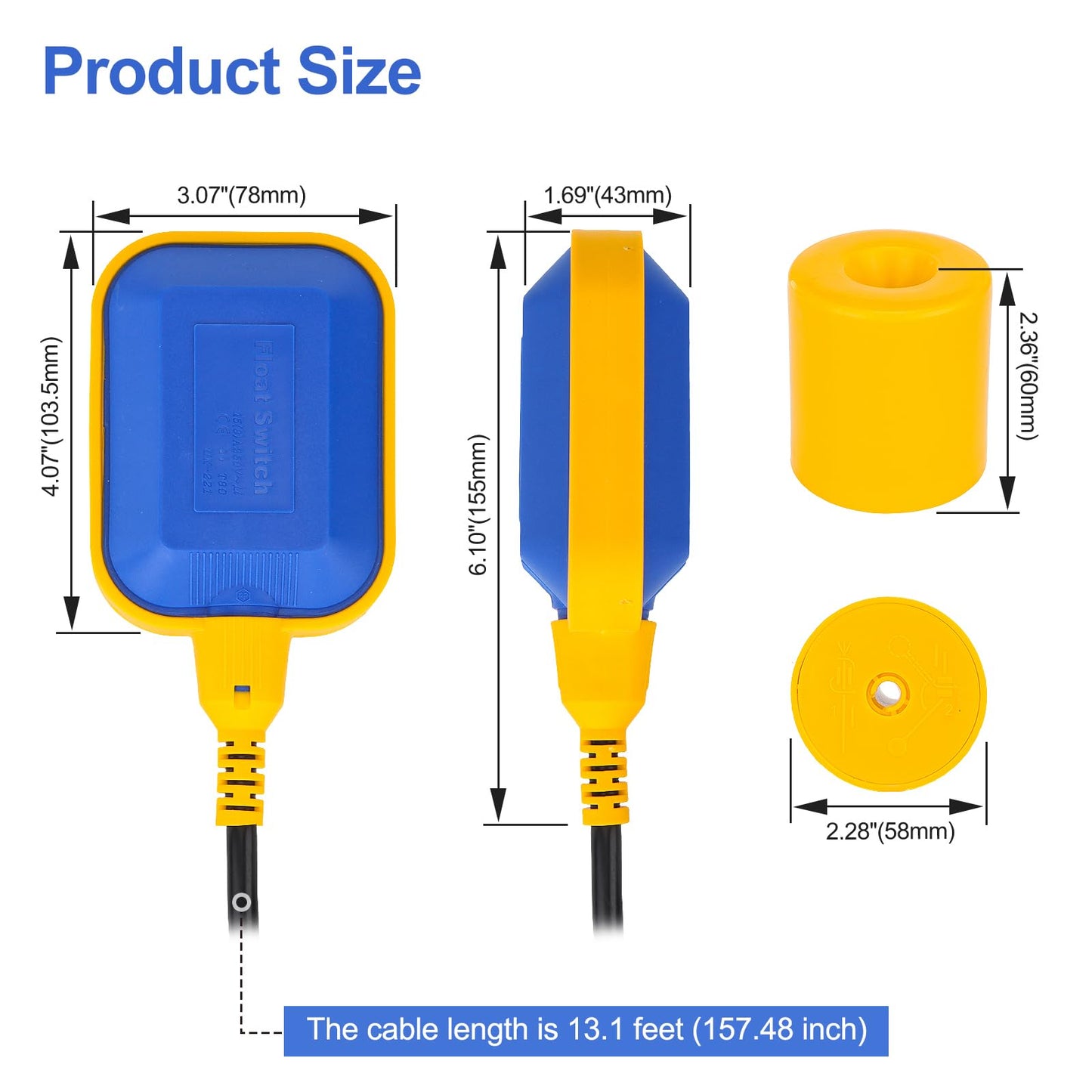 Baomain 4M 13ft Cable Float Switch, Water Level Controller, for Tank Pump, Water Tank or Sewage System On Auto Pilot, with Counterweight