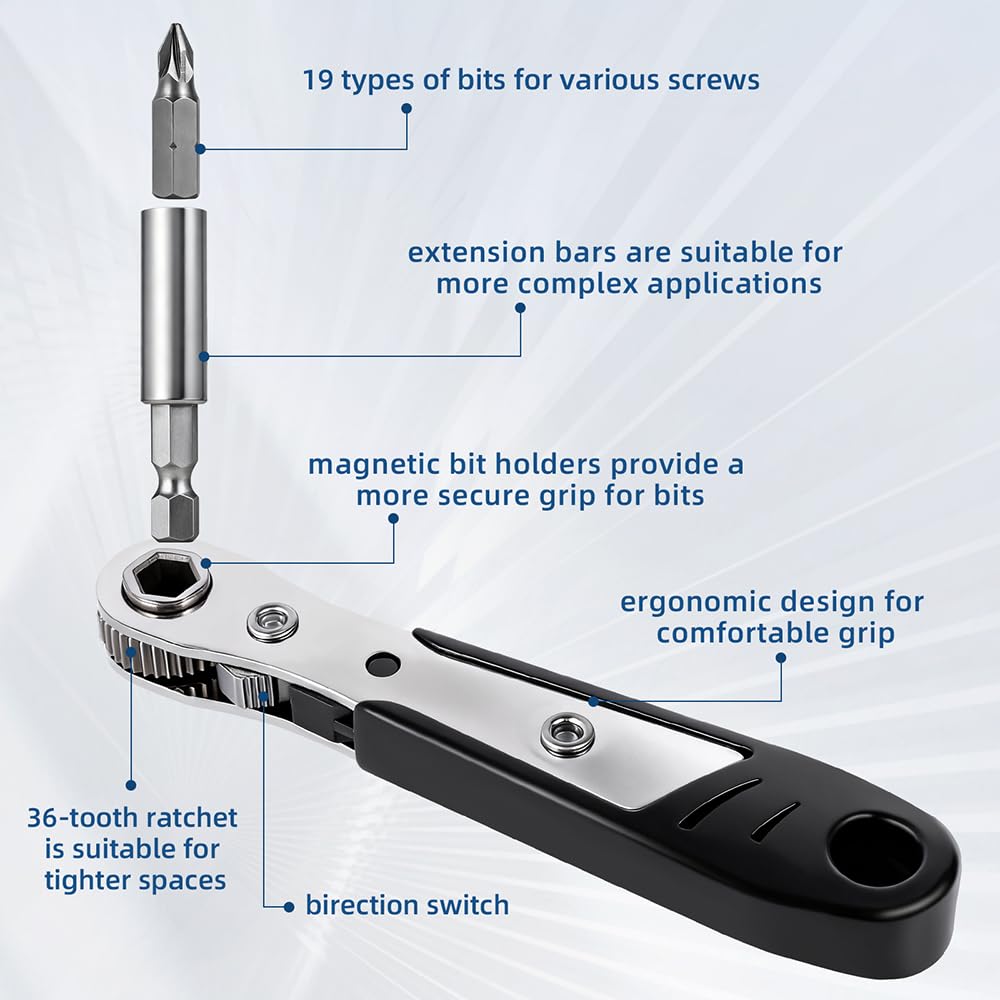 RTAYAGOOPA 22-in-1 Right Angle Screwdrivers Set, 36-Tooth Mini Ratchet Screwdriver, 90° Offset for Tight Spaces, Multi-head screwdriver Compact for DIY/Repairs, Gifts for Men
