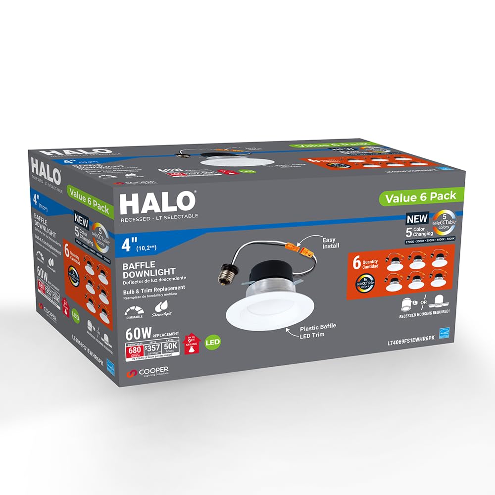 HALO LT 4 Inch Recessed Light Trim, 5 Color Temperatures, Dimmable Baffle Can Light -LT4069FS1EWHR6PK