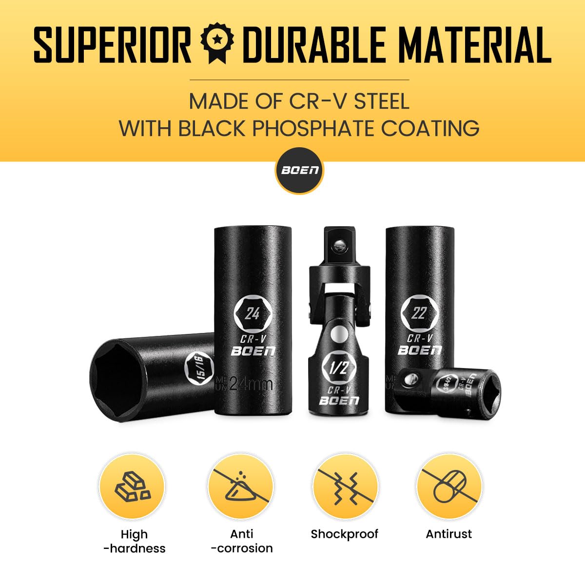 BOEN 35-Piece 1/2" Drive Deep Impact Socket Set - SAE 3/8"-1-1/4" & Metric 8-24mm, Extensions, Joint & Adapter, Cr-V Steel, Double Lock Case