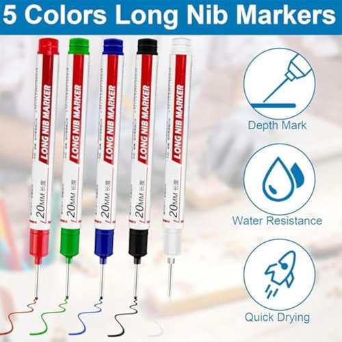 Surpassdo Long Nose Markers, 20mm Long Head Deep Hole Marker Pens, Multi-Purpose Reach Colorful Smooth Ink Markers, Quick-Dry Waterproof Scriber Set for Construction Wood Metal (White, 2 sets)