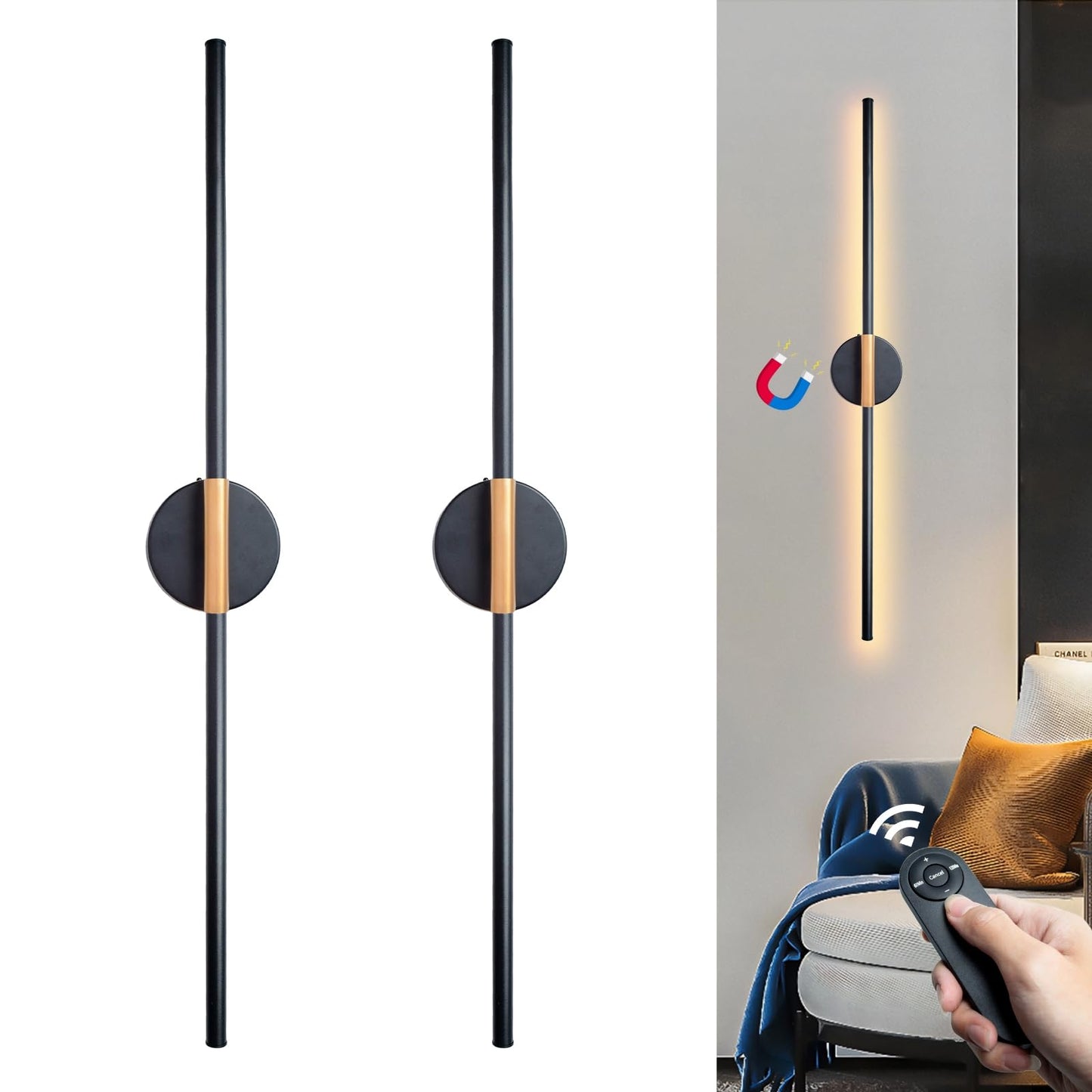 Wireless Wall Sconces Set of 2, Battery Operated Wall Sconce with Remote Dimmable 28.7 Inch 5000mAh Rechargeable 360°Rotate Bedroom Lights For Wall Lamps Decor for Living Room, Hallway-Warm White