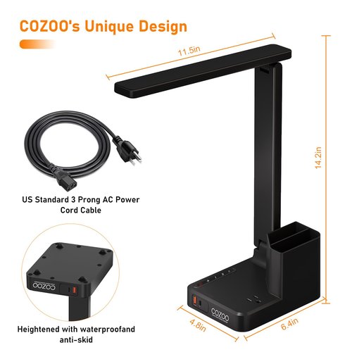 Desk Lamp,Desk Lamps for Home Office,COZOO LED Desk Lamp with 2 USB Charging Ports,2 Pen Holders,1 Outlet,3 Color 3 Brightness Levels,Touch/Memory/Timer,LED Desk Light Small Desk Lamp Kids Study Lamp