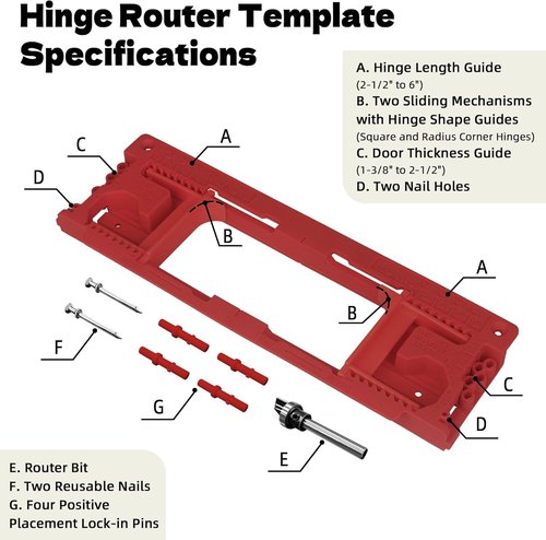 Door Jamb Hinge Jig Compatible with 8 Sizes from 2-1/2" to 6" and 5 Door Thickness from 1-3/8" to 2-1/2", Precise Efficient Hinge Installation (Red)