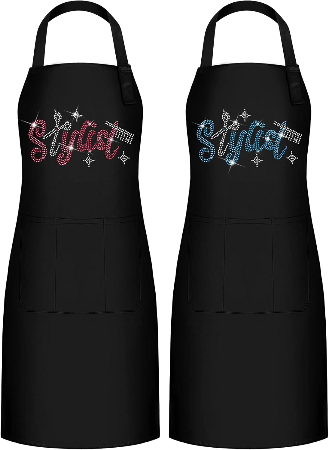 Coume 2 Pcs Hair Stylist Apron Hairstylist Salon Apron with Rhinestone Tools 3 Pockets Waterproof Hairdresser Barber