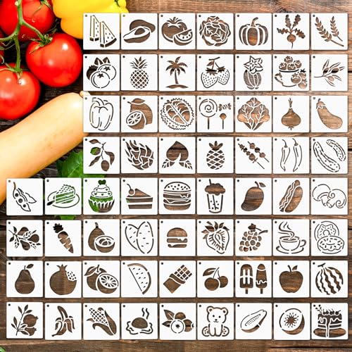64Pcs Fruit Stencils for Painting, Reusable Vegetable Stencils Crafts Drawing Templates, Art Painting on Wood Wall Canvas,Fru & Veg Plastic Stencil for DIY Fabric Rock Home Decor (3 X 3 Inch)