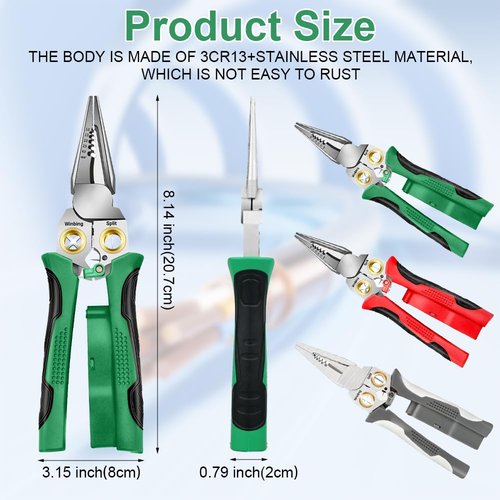8 IN 1 Wire Strippers Twister with Electricity Measurement Function,Multifunctional Wire Stripping Pliers for Cutting and Pulling Wires Cable Scissors,Scraping and Pressing with Voltage Test (Green)