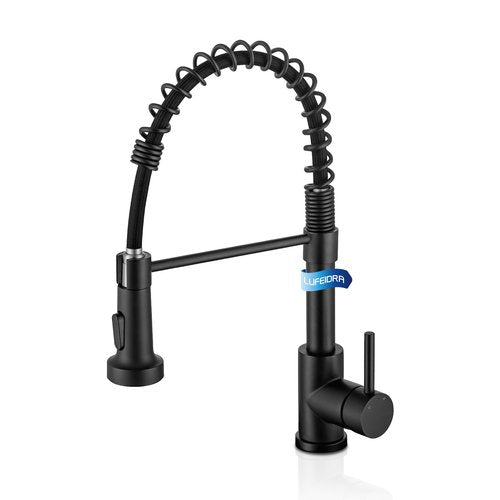 LUFEIDRA Black Kitchen Faucets with Pull Down Sprayer - High Arc Spring 304 Stainless Steel Single Hole Sink Faucet with Dual Function Pull-Down Sprayer for Bar Rv Kitchen, Matte Black