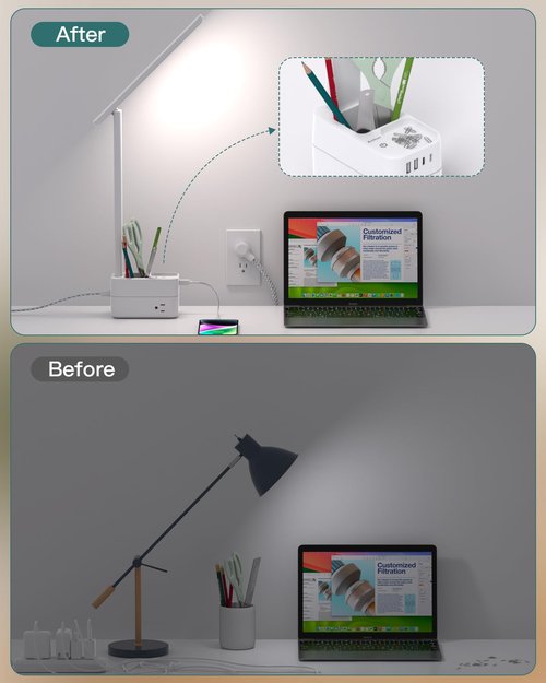 Addtam LED Desk Lamp with Pen Holder, Study Lamps with 3 Outlets 4 USB Charging Ports(2 USBC), 3 Color Modes Desk Light Touch Lamp, Small Desk Lamps for Home Office College Dorm Room Essentials
