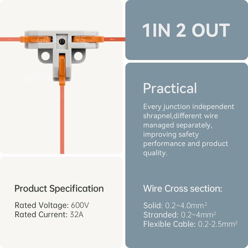 GKEEMARS 20Pcs 3 Way T Tap Wire Connectors, Quick Wire Splitter Push-in Connectors for AWG 24-12 (Orange)