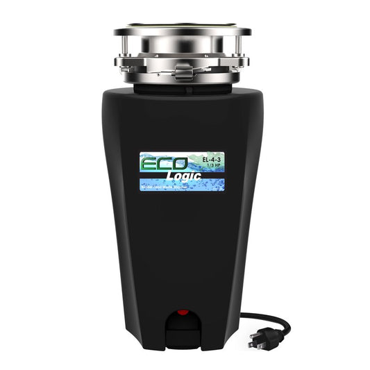 Eco Logic 1/3 Horsepower Garbage Disposal with Removeable Splash Guard, Attached Power Cord and Standard 3-Bolt Mounting System, Continuous Feed Disposer