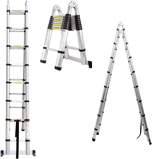 Telescopic Ladder A Frame Aluminum 12.5ft, Telescoping Ladder for Home, Portable Folding Ladder Lightweight 330lb Load Capacity with Stabilizer Bar Anti-Slip