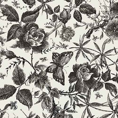 JiffDiff Floral Vintage Wallpaper Peel and Stick Wall Stick Black and White Rose Removable Vinyl Wall Paper Sketch Floral Decor for Living Room, Nursery, Wedding15.75in x 800in