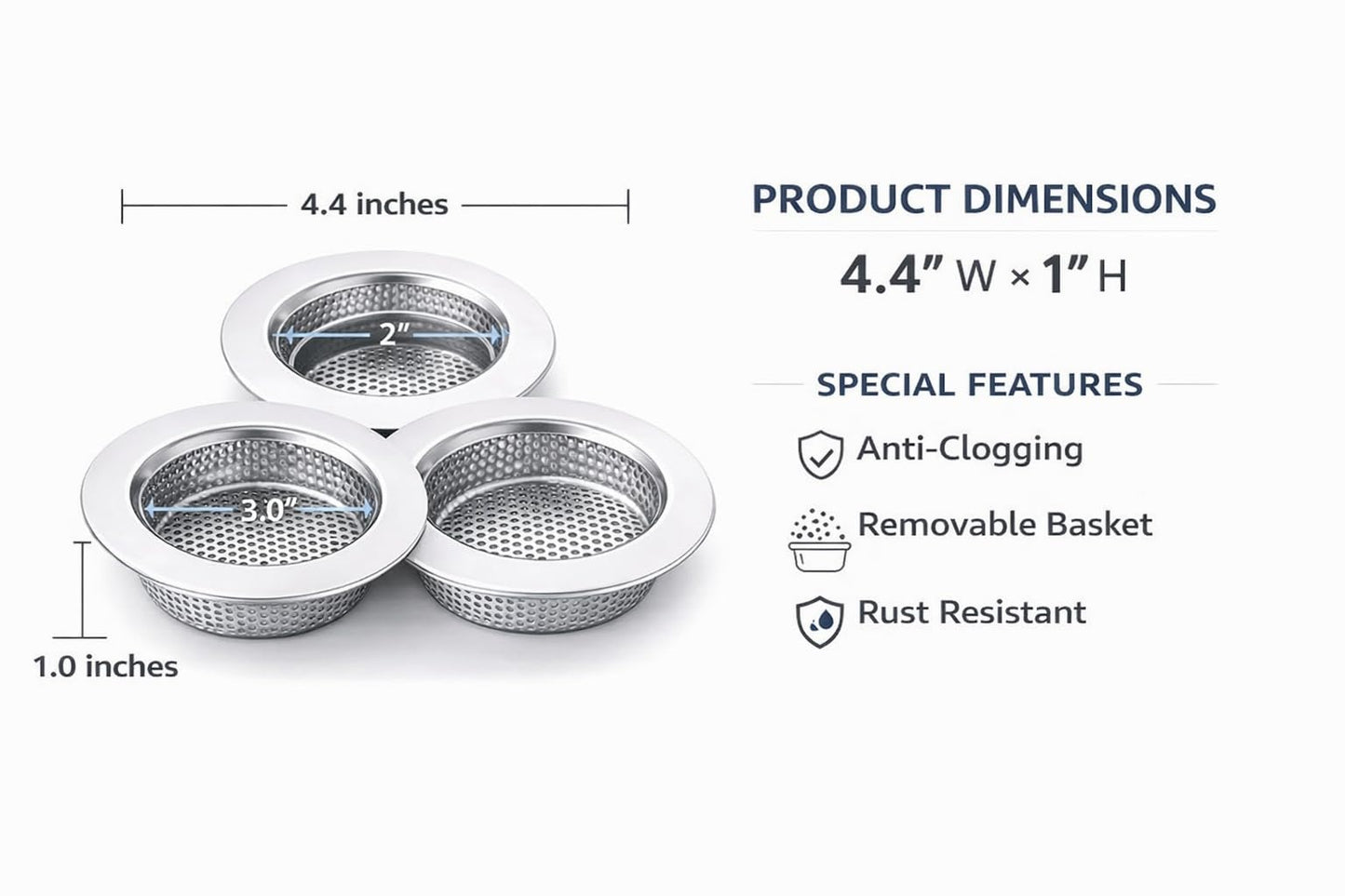 Sink Strainer Basket (3 Pack) – 304 Stainless Steel Kitchen Drain Strainer, Anti-Clog Sink Drain Catcher, Rustproof, Fits 4.4” Standard Sink