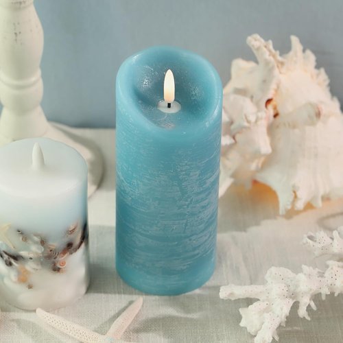 SUNSET HOME Battery Operated Ocean Blue Candles - Real Wax LED Pillar Candles with Remote Timer, Flickering Flameless for Summer Beach Decor, Coastal Wedding & 4th of July