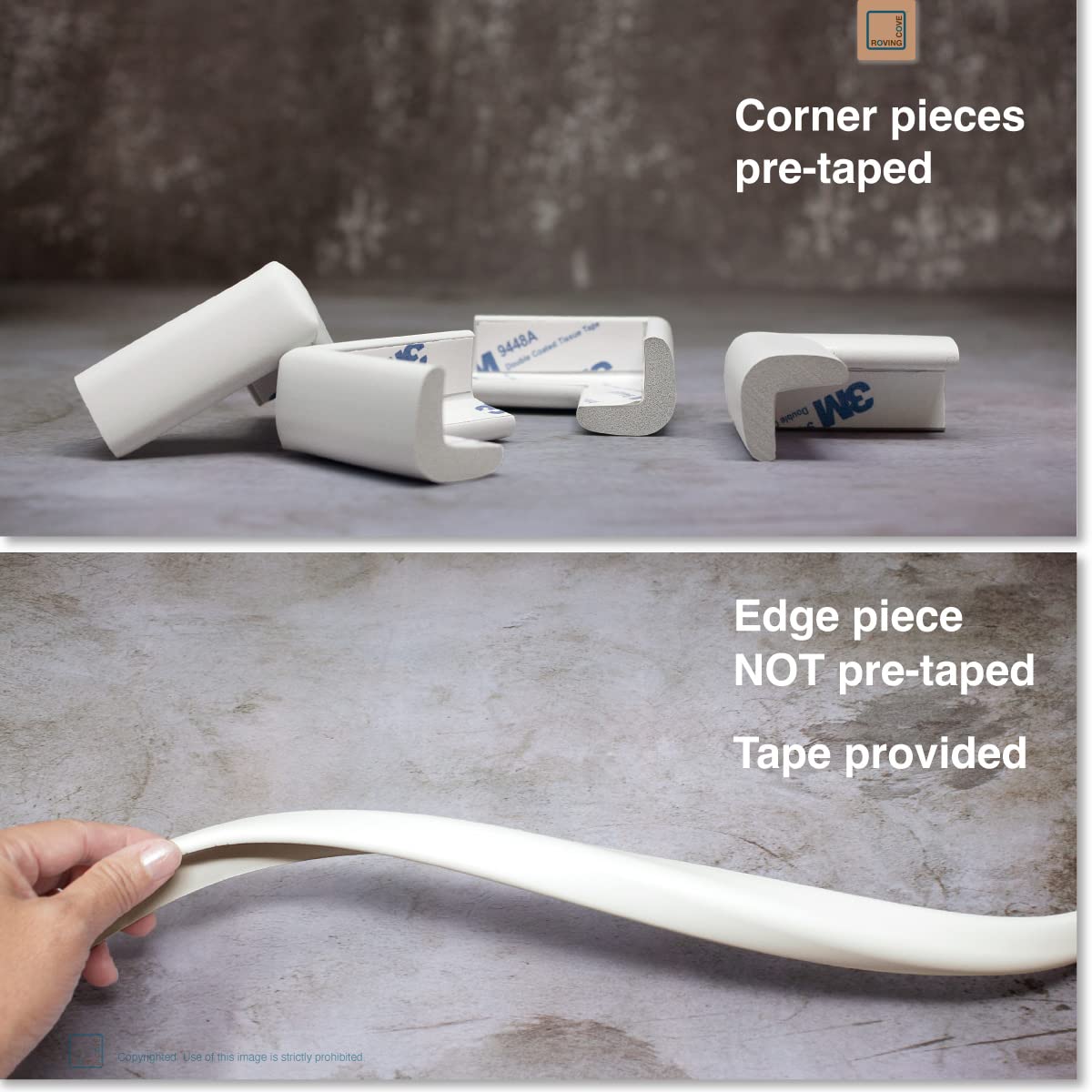 Roving Cove Slimfit Corner Edge Protector for Baby Proofing (Small 18ft Edge 8 Corners), Furniture Safety Bumper Guard, Soft NBR Rubber Foam, 3M Adhesive, Oyster White (Off White)