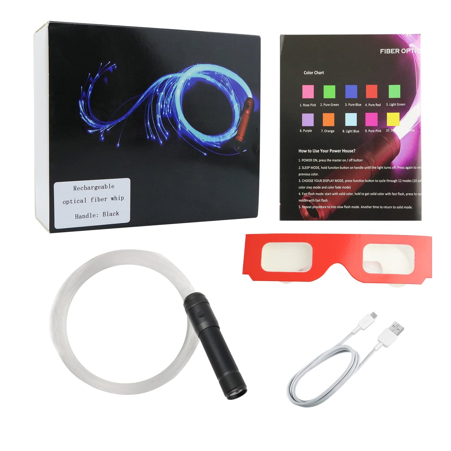 AMKI 6ft Rechargeable LED Fiber Optic Whip, 360 Swivel 36 Mode Effects Super Bright Light Up Dance Rave Toy Great for Raves Parties, Light Shows, EDM Pixel Whip Flow Lace Dance Festival